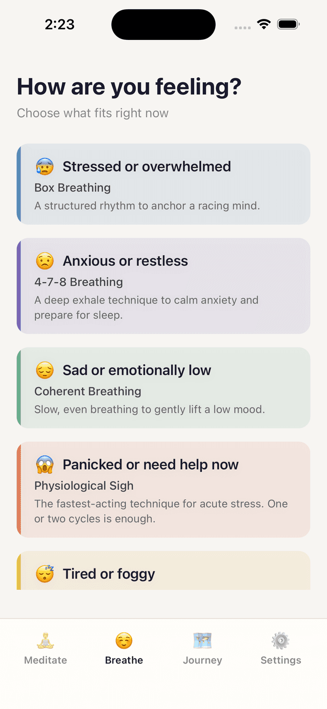Breathing exercise selection screen
